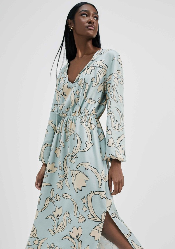 Encontraproduto.com.br - Vestido Midi Evasê Estampado Em Viscose Creponada - Verde