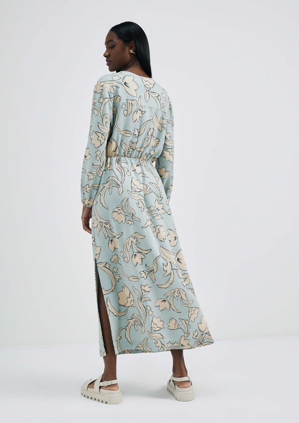 Encontraproduto.com.br - Vestido Midi Evasê Estampado Em Viscose Creponada - Verde