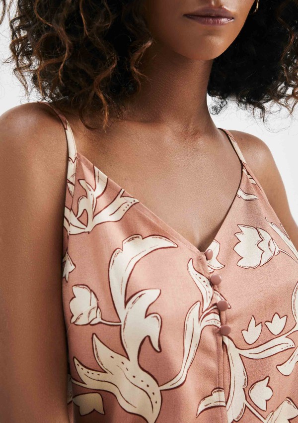 Encontraproduto.com.br - Regata Feminina Estampada Com Botões Em Viscose Creponada - Marsala