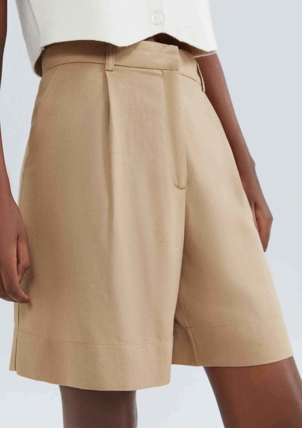 Encontraproduto.com.br - Bermuda Feminina Em Alfaiataria Com Linho - Caqui