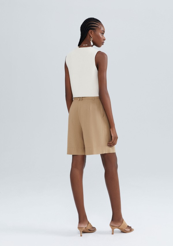 Encontraproduto.com.br - Bermuda Feminina Em Alfaiataria Com Linho - Caqui