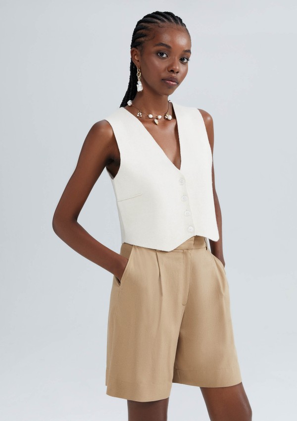 Encontraproduto.com.br - Bermuda Feminina Em Alfaiataria Com Linho - Caqui