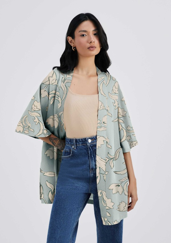 Kimono Feminino Estampado Em Viscolinho - Verde