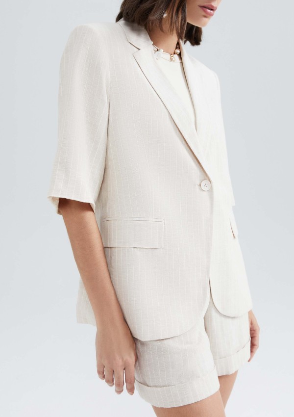 Encontraproduto.com.br - Blazer Feminino Risca De Giz Com Linho - Off white