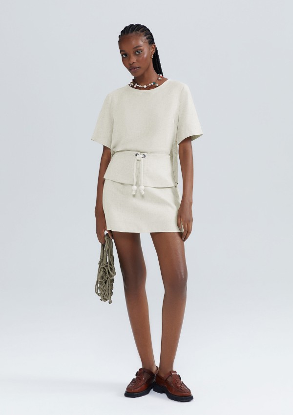 Shorts Saia Cintura Alta Em Viscolinho - Off white