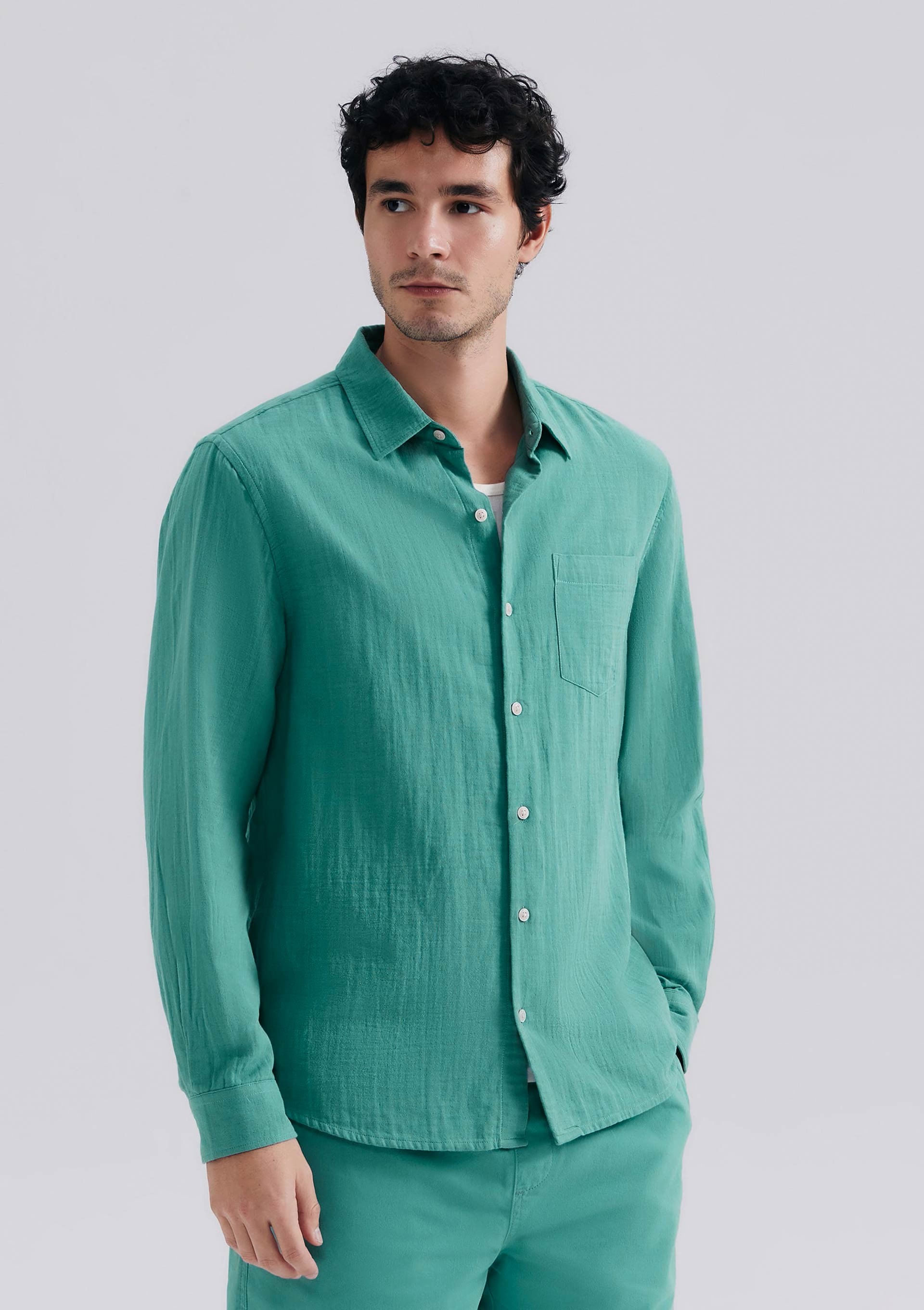 Camisa Masculina Manga Longa Texturizada - Azul