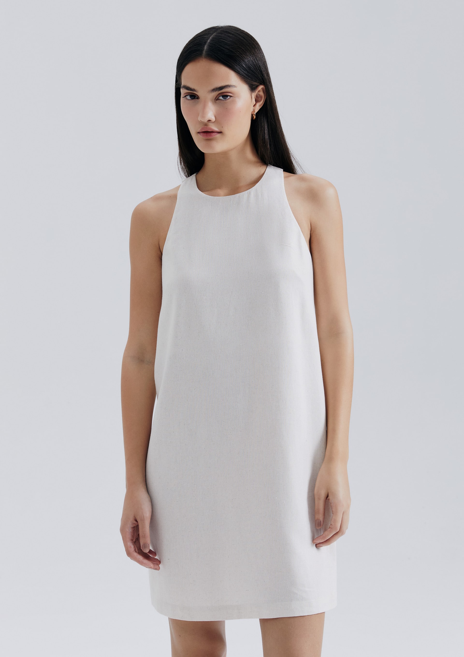 Encontraproduto.com.br - Vestido Curto Evasê Com Linho - Bege