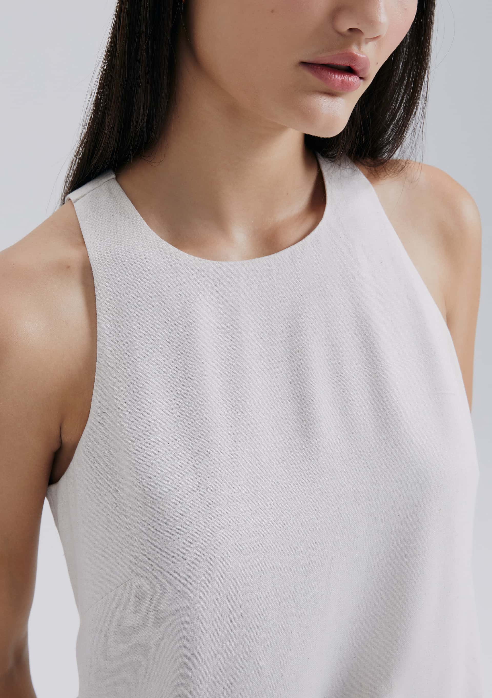 Encontraproduto.com.br - Vestido Curto Evasê Com Linho - Bege