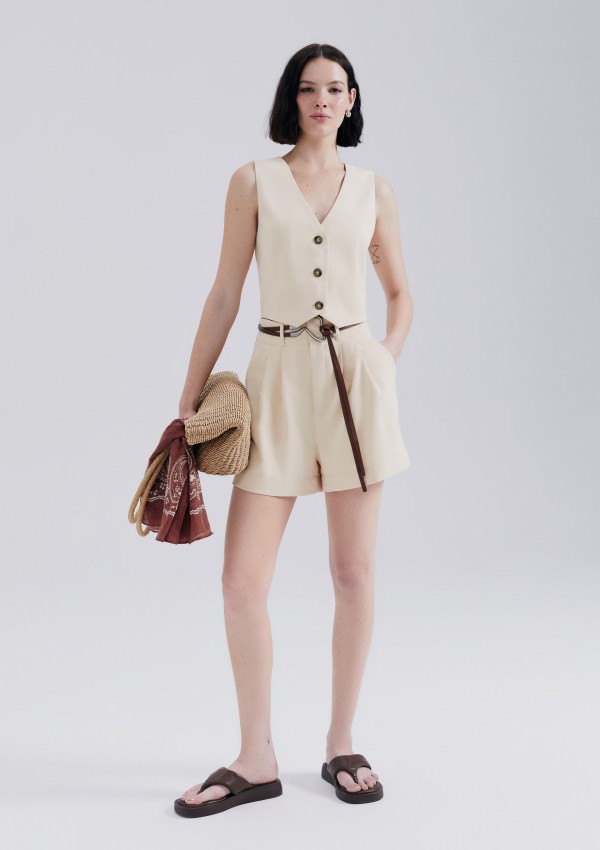 Encontraproduto.com.br - Shorts Feminino Cintura Alta Em Alfaiataria - Creme