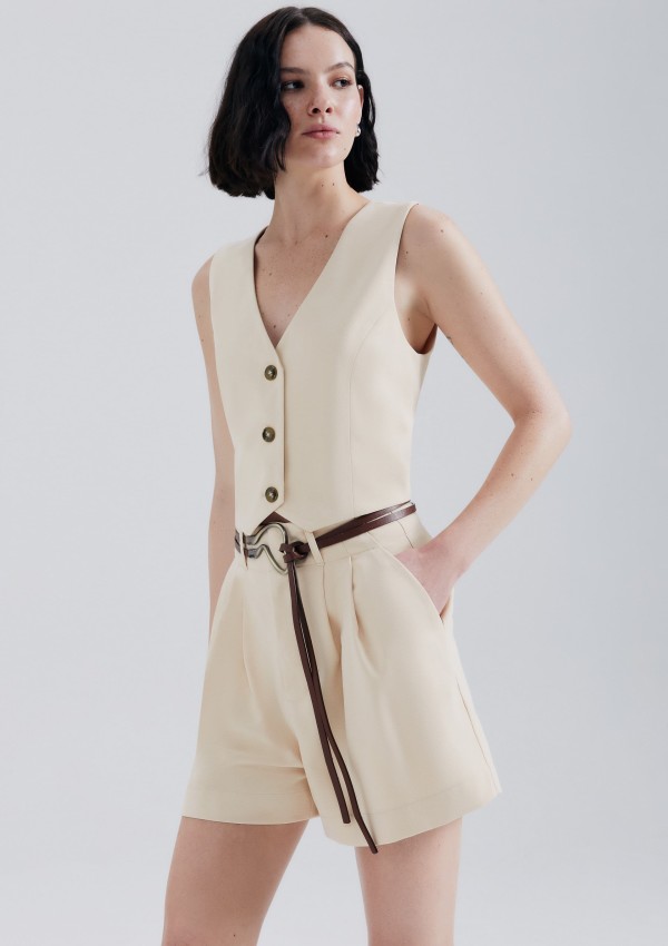 Encontraproduto.com.br - Shorts Feminino Cintura Alta Em Alfaiataria - Creme