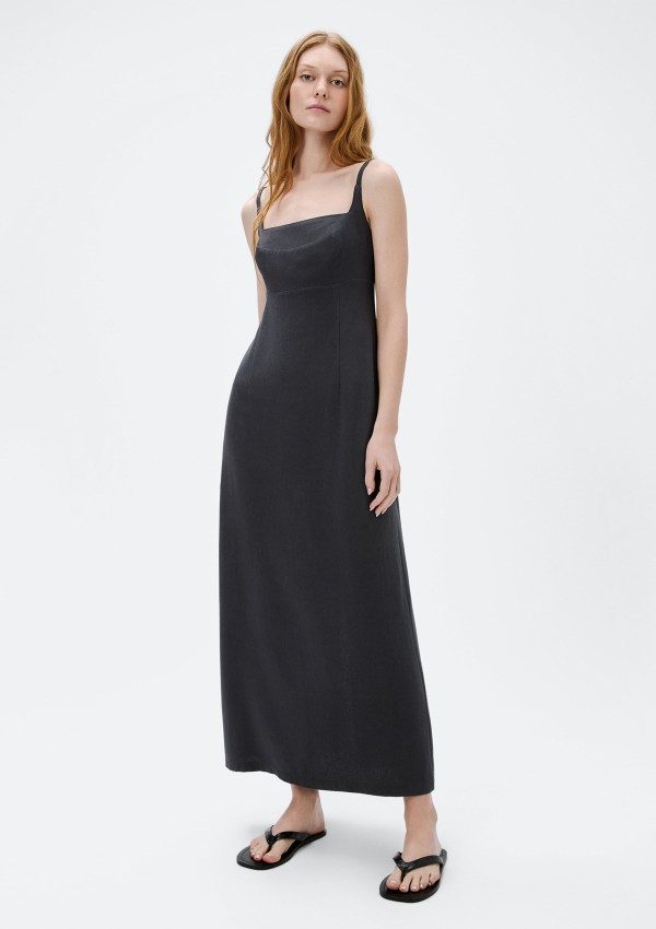 Vestido Midi Alças Finas Em Viscolinho - Cinza