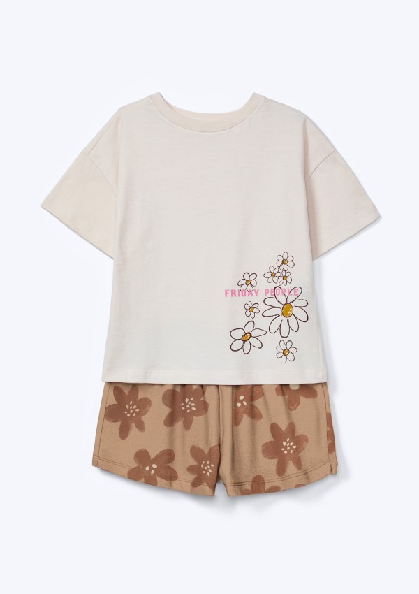 Conjunto Infantil Menina Curto Estampado - Bege
