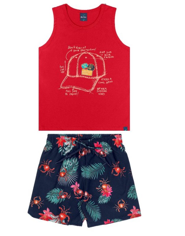 Conjunto Meia Malha ReiRex Infantil Menino Verão Estampa Divertida Boné 4/8 - 45730