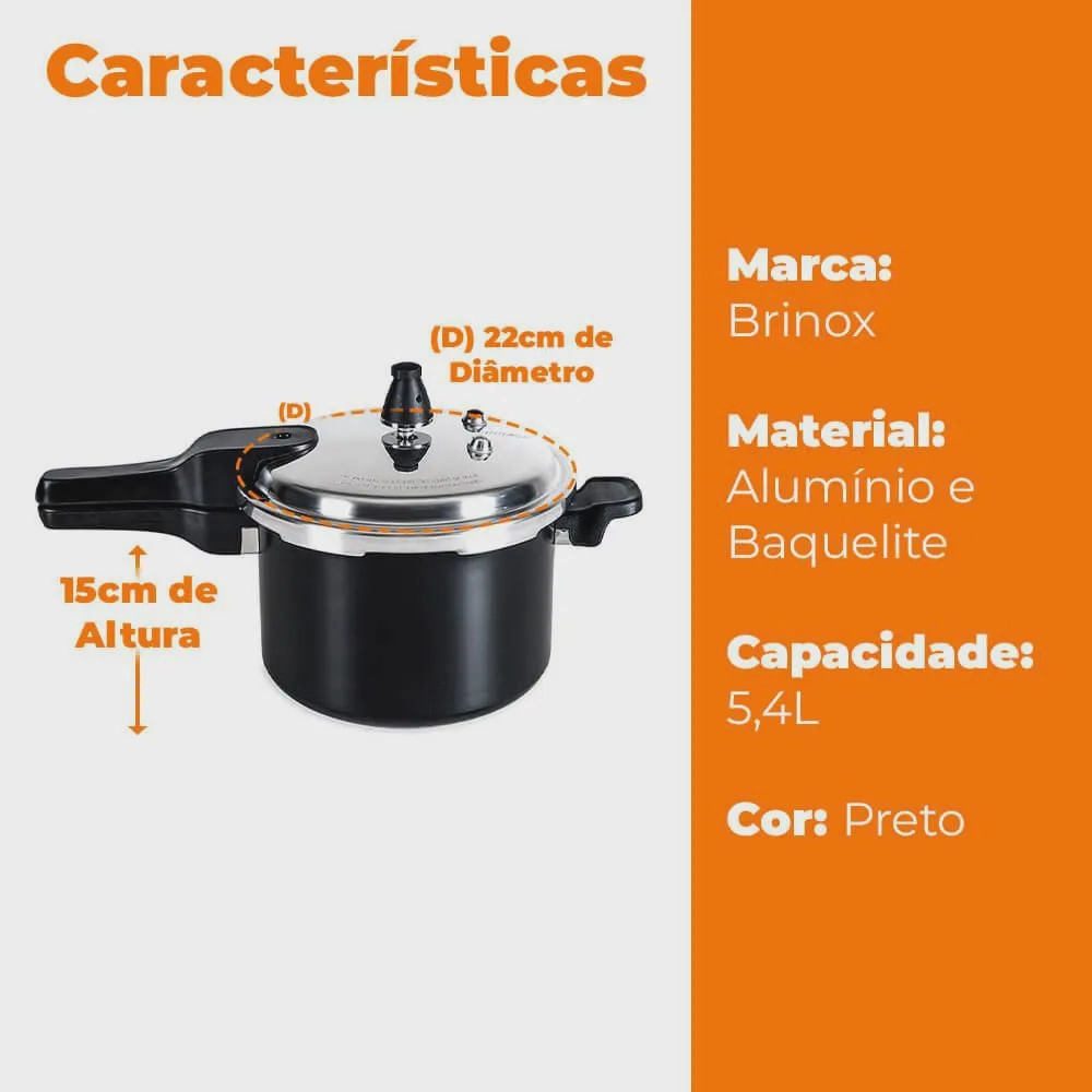 Encontraproduto.com.br - Panela de Pressão 22 cm 5,4 L Fundo de Indução Estrutura Alumínio Antiaderente Pro-Ceramic Premium Cor Preto Linha Ceramic Life Super Brinox