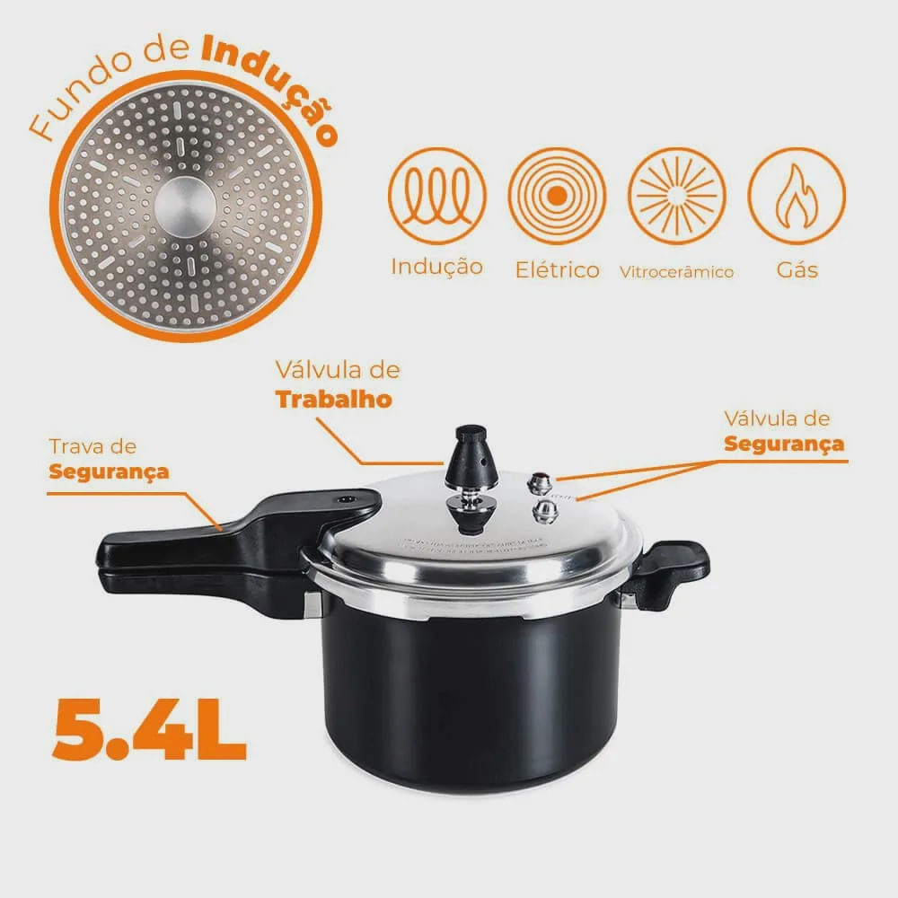 Encontraproduto.com.br - Panela de Pressão 22 cm 5,4 L Fundo de Indução Estrutura Alumínio Antiaderente Pro-Ceramic Premium Cor Preto Linha Ceramic Life Super Brinox