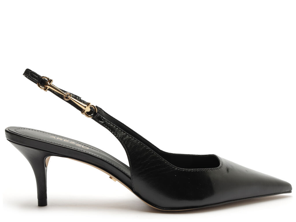 Scarpin Arezzo Preto Couro Slingback Detalhe Metal A12757