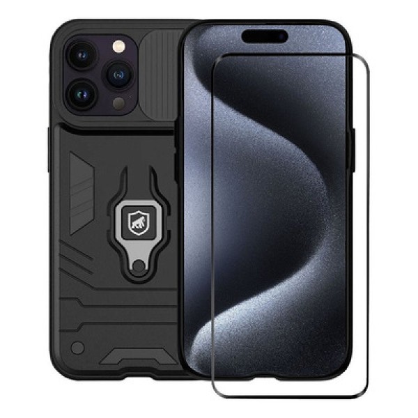 Encontraproduto.com.br - Kit Capa Defender e Pelicula Coverage 5D Pro Preta para iPhone 15 Pro - Gshield