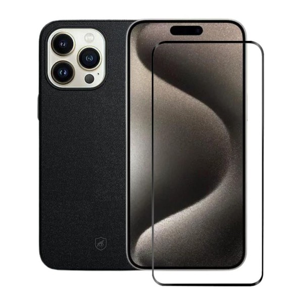 Encontraproduto.com.br - Kit Capa Couro Dual Preta e Pelicula Coverage 5D Pro Preta para iPhone 15 Pro - Gshield