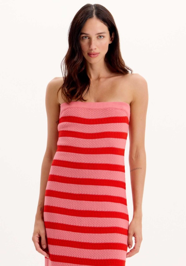 Encontraproduto.com.br - Vestido Midi Sem Alças Tricot Listras