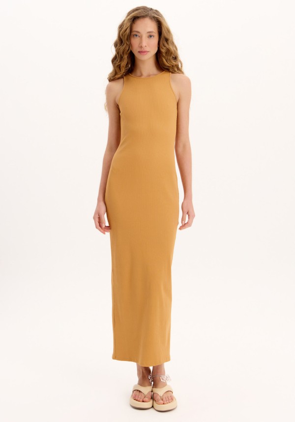 Encontraproduto.com.br - Vestido Midi Canelado Com Fenda
