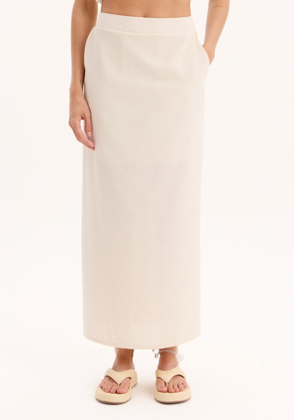 Encontraproduto.com.br - Saia Midi Reta Cintura Alta com Bolsos