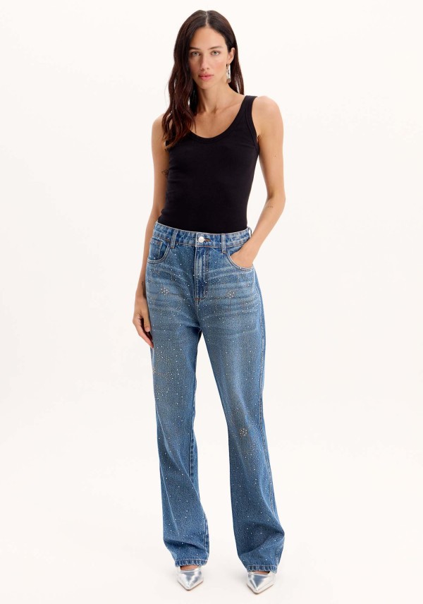 Calça Jeans Reta Cintura Alta com Brilhos