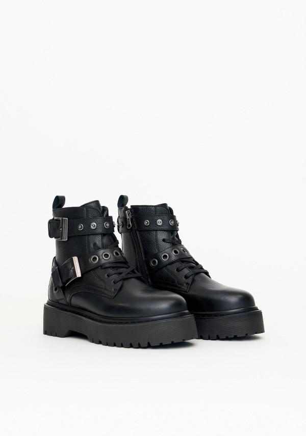 Encontraproduto.com.br - Bota Coturno Couro com Fivela e Ilhós