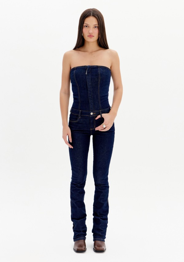 Encontraproduto.com.br - Macacão Longo Jeans Sem Alça