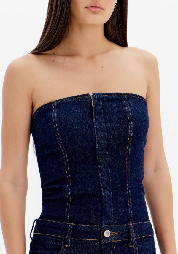 Encontraproduto.com.br - Macacão Longo Jeans Sem Alça
