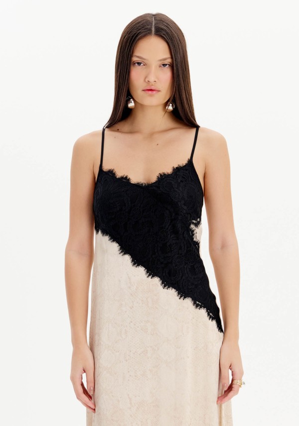 Encontraproduto.com.br - Vestido Midi Slip Com Renda