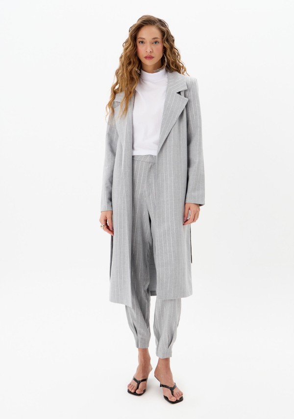Trench Coat Alongado Risca de Giz Com Faixa