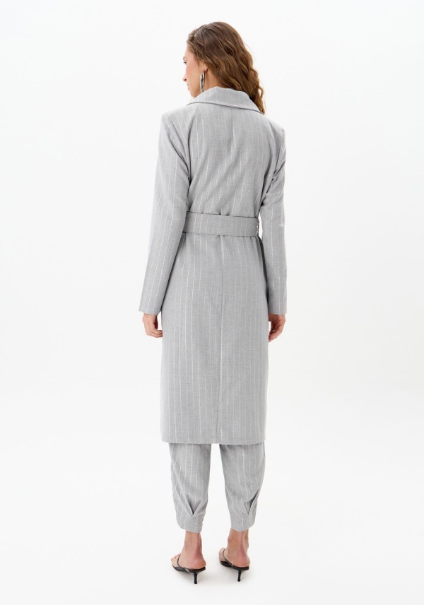 Encontraproduto.com.br - Trench Coat Alongado Risca de Giz Com Faixa