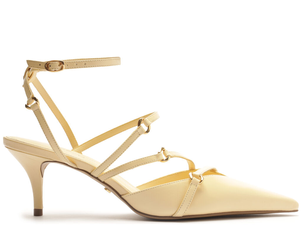 Scarpin Arezzo Amarelo Couro Salto Kitten Tiras A12757