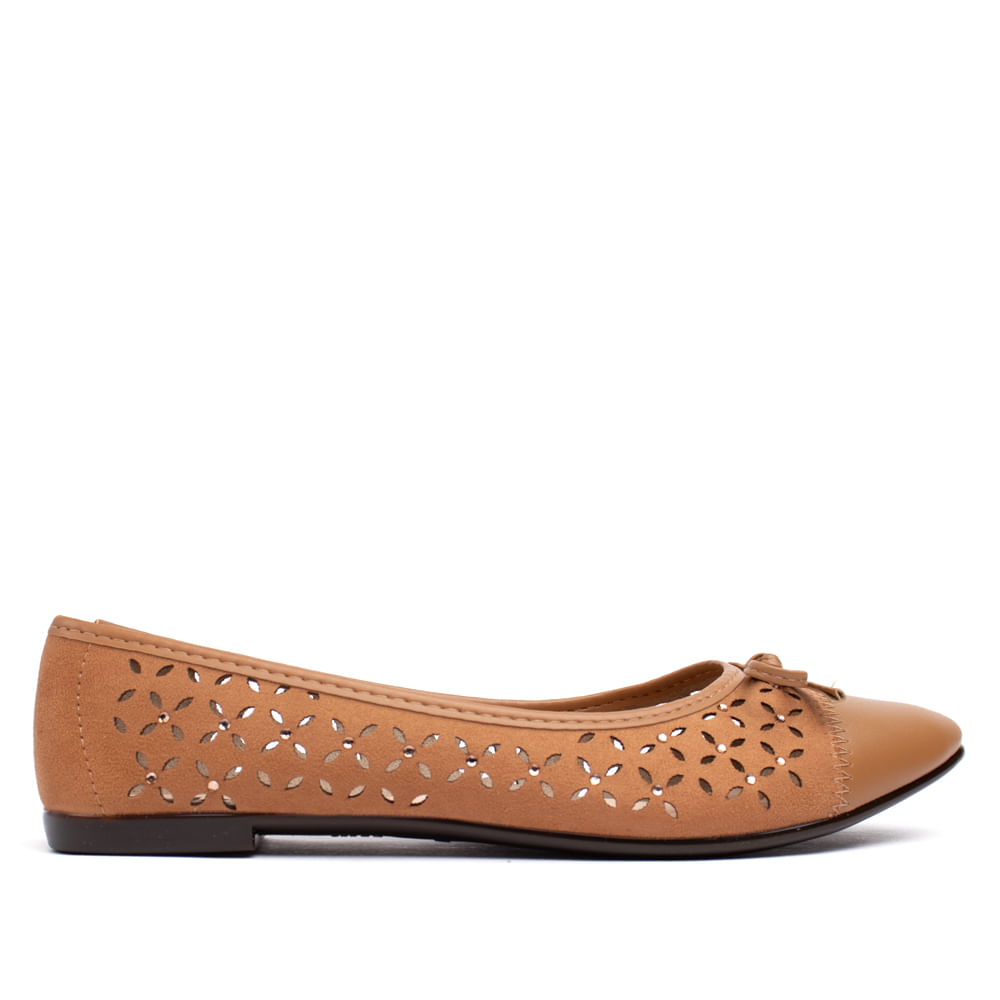 Encontraproduto.com.br - Sapatilha Feminina Moleca Lírios Bico Fino Napa com Pedrarias Caramelo
