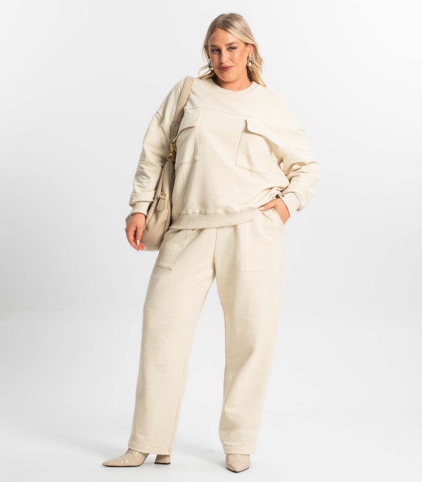 Encontraproduto.com.br - Conjunto Plus Size Blusão Com Calça Secret Glam Bege