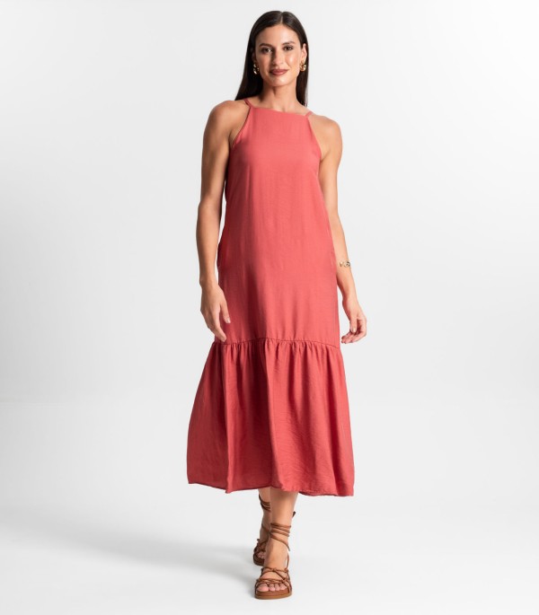 Vestido Feminino Midi Com Babado Alça Fina Select Rosa
