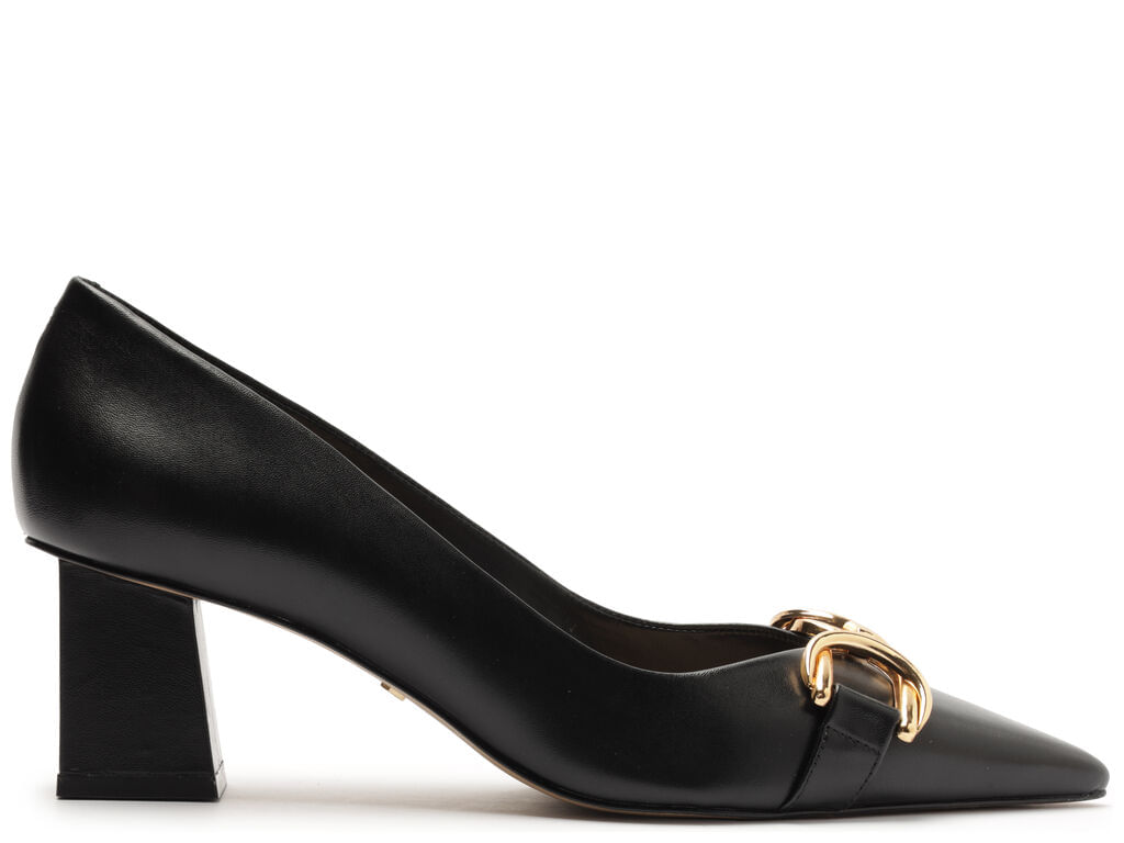 Scarpin Arezzo Preto Couro Salto Bloco Fivela Dourada