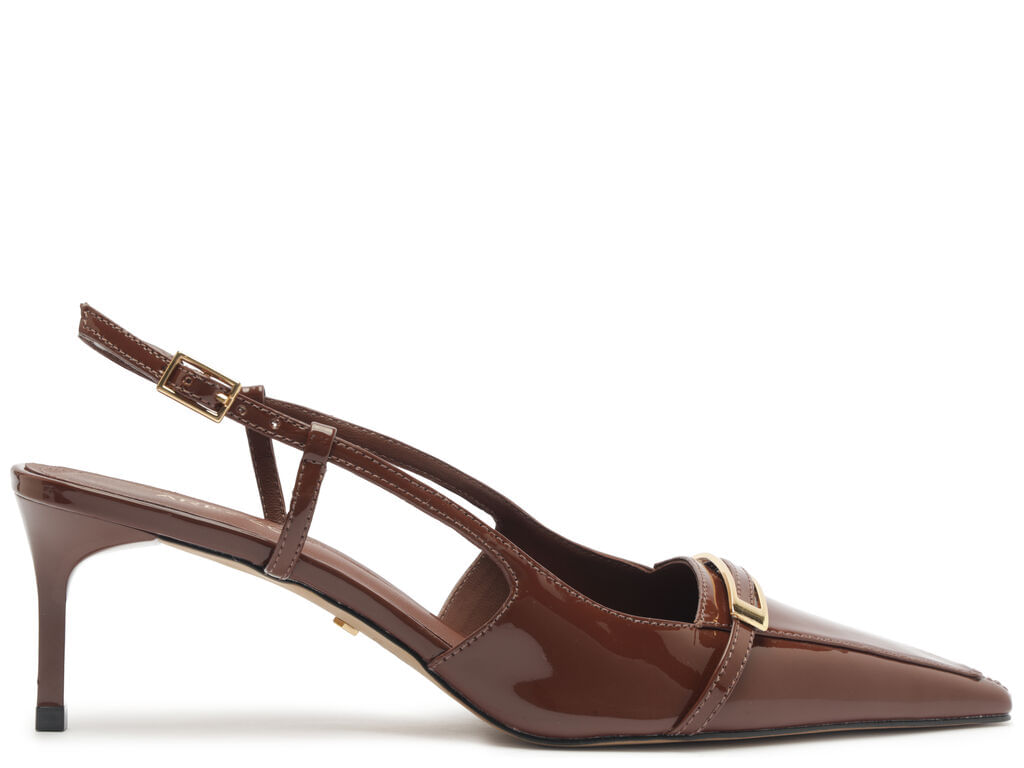 Scarpin Arezzo Slingback Marrom Verniz Fivela Dourada