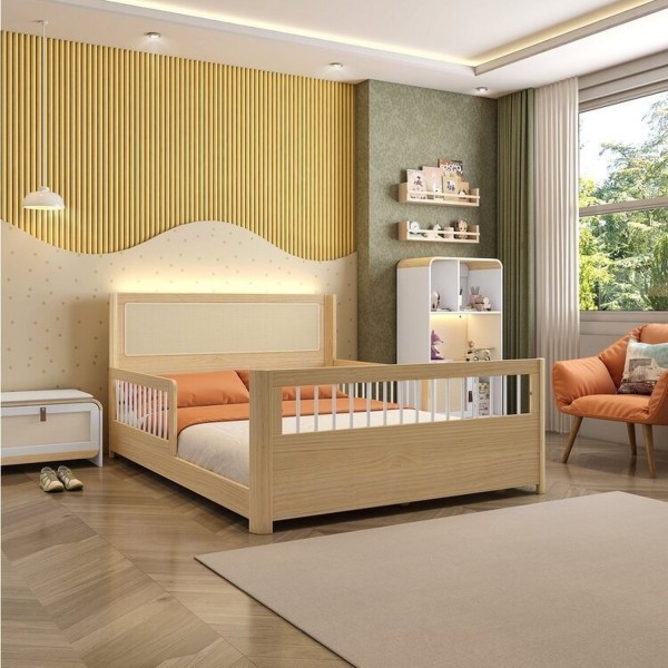 Encontraproduto.com.br - Cama Casal Wave Juvenil Reversível Led com Rattan, Grade de Proteção e Peseira Palitos Casatema Branco/Natural