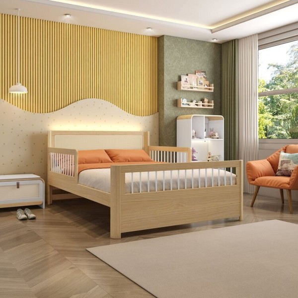 Encontraproduto.com.br - Cama Casal Wave Juvenil Reversível Led com Rattan, Grade de Proteção e Peseira Palitos Casatema Branco/Natural