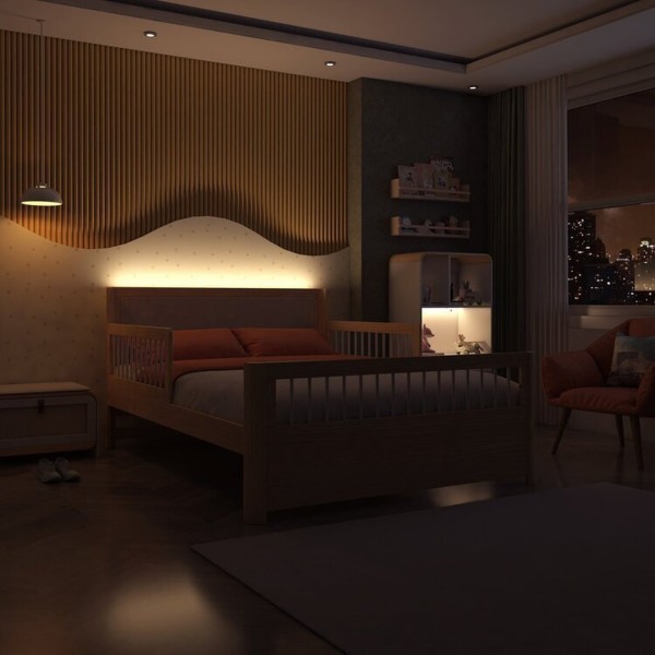 Encontraproduto.com.br - Cama Casal Wave Juvenil Reversível Led com Rattan, Grade de Proteção e Peseira Palitos Casatema Branco/Natural