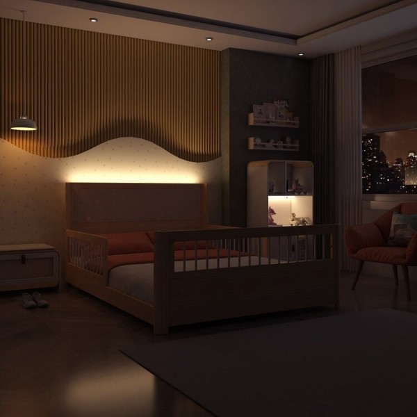 Encontraproduto.com.br - Cama Casal Wave Juvenil Reversível Led com Rattan, Grade de Proteção e Peseira Palitos Casatema Branco/Natural