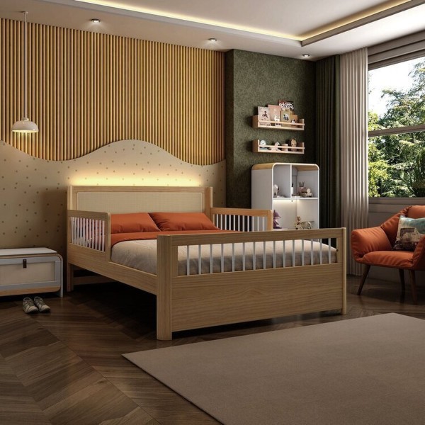 Encontraproduto.com.br - Cama Casal Wave Juvenil Reversível Led com Rattan, Grade de Proteção e Peseira Palitos Casatema Branco/Natural