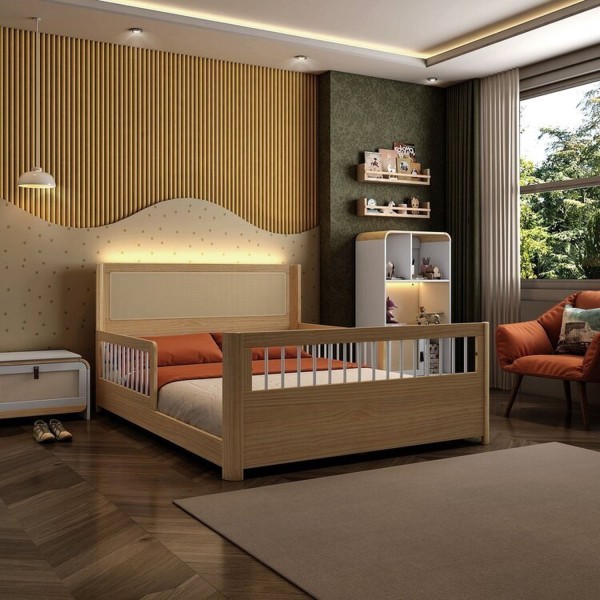 Encontraproduto.com.br - Cama Casal Wave Juvenil Reversível Led com Rattan, Grade de Proteção e Peseira Palitos Casatema Branco/Natural