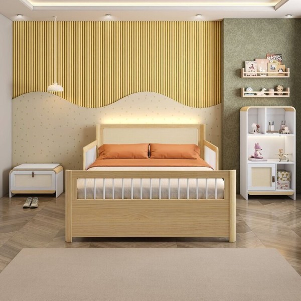 Encontraproduto.com.br - Cama Casal Wave Juvenil Reversível Led com Rattan, Grade de Proteção e Peseira Palitos Casatema Branco/Natural