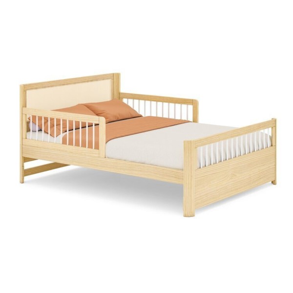 Encontraproduto.com.br - Cama Casal Wave Juvenil Reversível Led com Rattan, Grade de Proteção e Peseira Palitos Casatema Branco/Natural