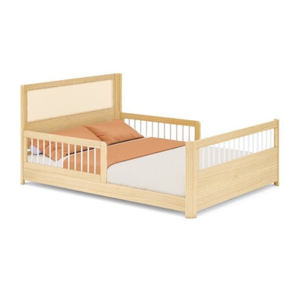Encontraproduto.com.br - Cama Casal Wave Juvenil Reversível Led com Rattan, Grade de Proteção e Peseira Palitos Casatema Branco/Natural