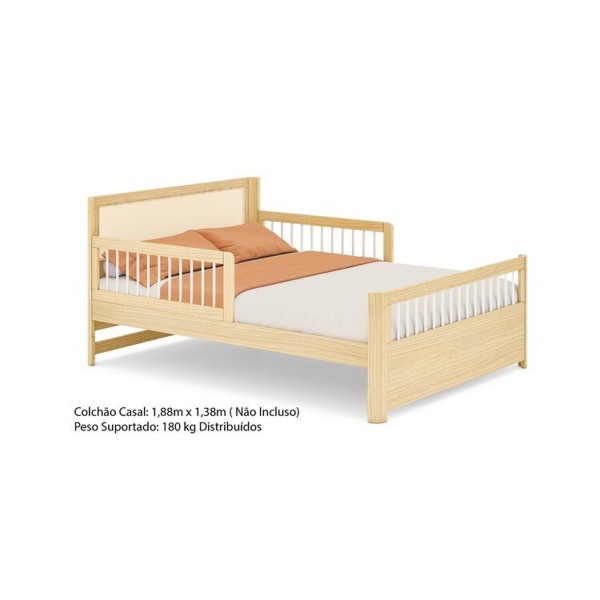 Encontraproduto.com.br - Cama Casal Wave Juvenil Reversível Led com Rattan, Grade de Proteção e Peseira Palitos Casatema Branco/Natural