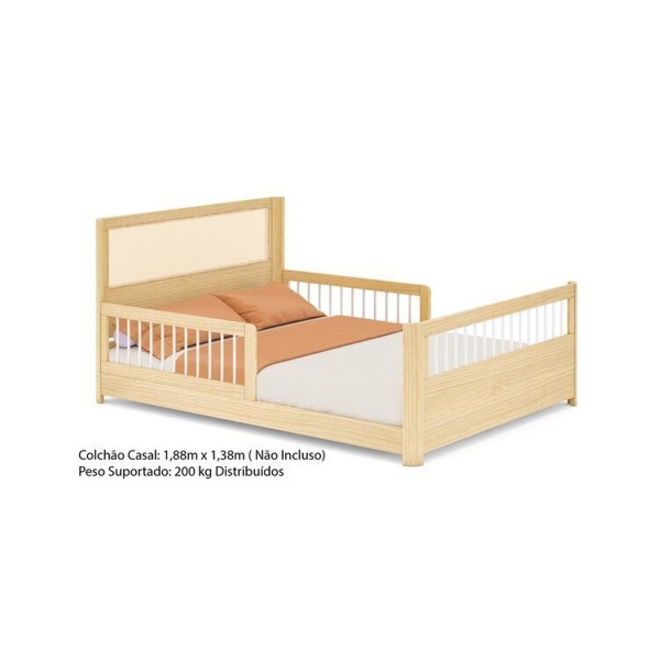 Encontraproduto.com.br - Cama Casal Wave Juvenil Reversível Led com Rattan, Grade de Proteção e Peseira Palitos Casatema Branco/Natural