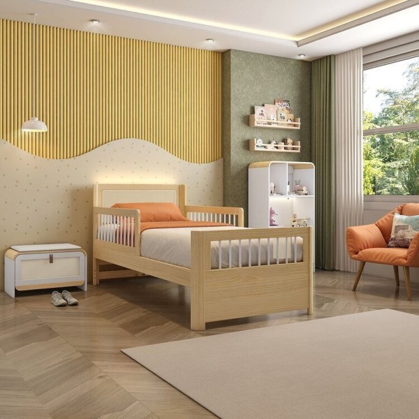Encontraproduto.com.br - Cama Solteiro Wave Juvenil Reversível Led com Rattan, Grade de Proteção e Peseira Palito Casatema Branco/Natural
